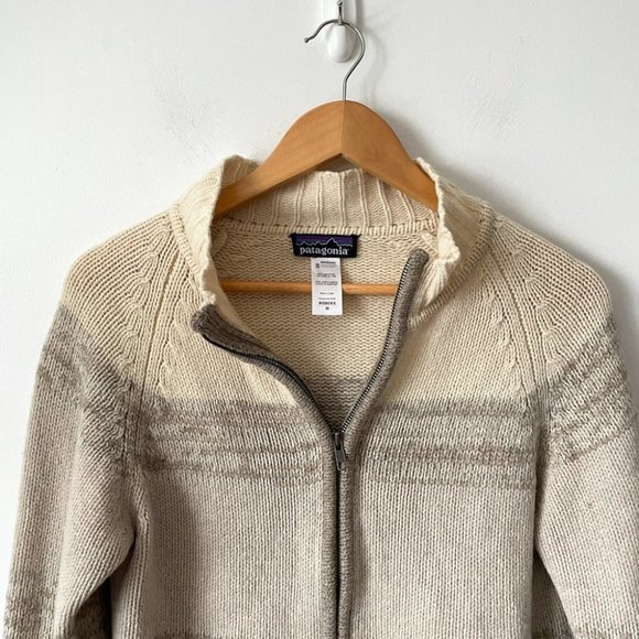 Patagonia 100% Lambswool Zip Up Cardigan Sweater Beige Cream Size Medium - Picture 2 of 6